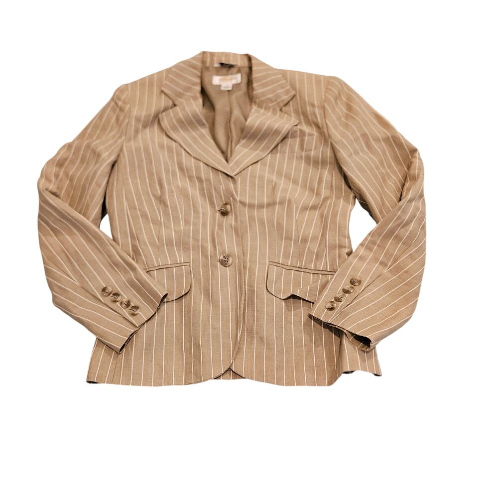 Talbots Petites 2 Blazer Tan Pinstripe Linen Silk Blend Career Jacket Womens